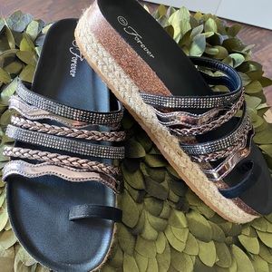 Metallic Sparkle Multi Strap Cork Platform Sandals
